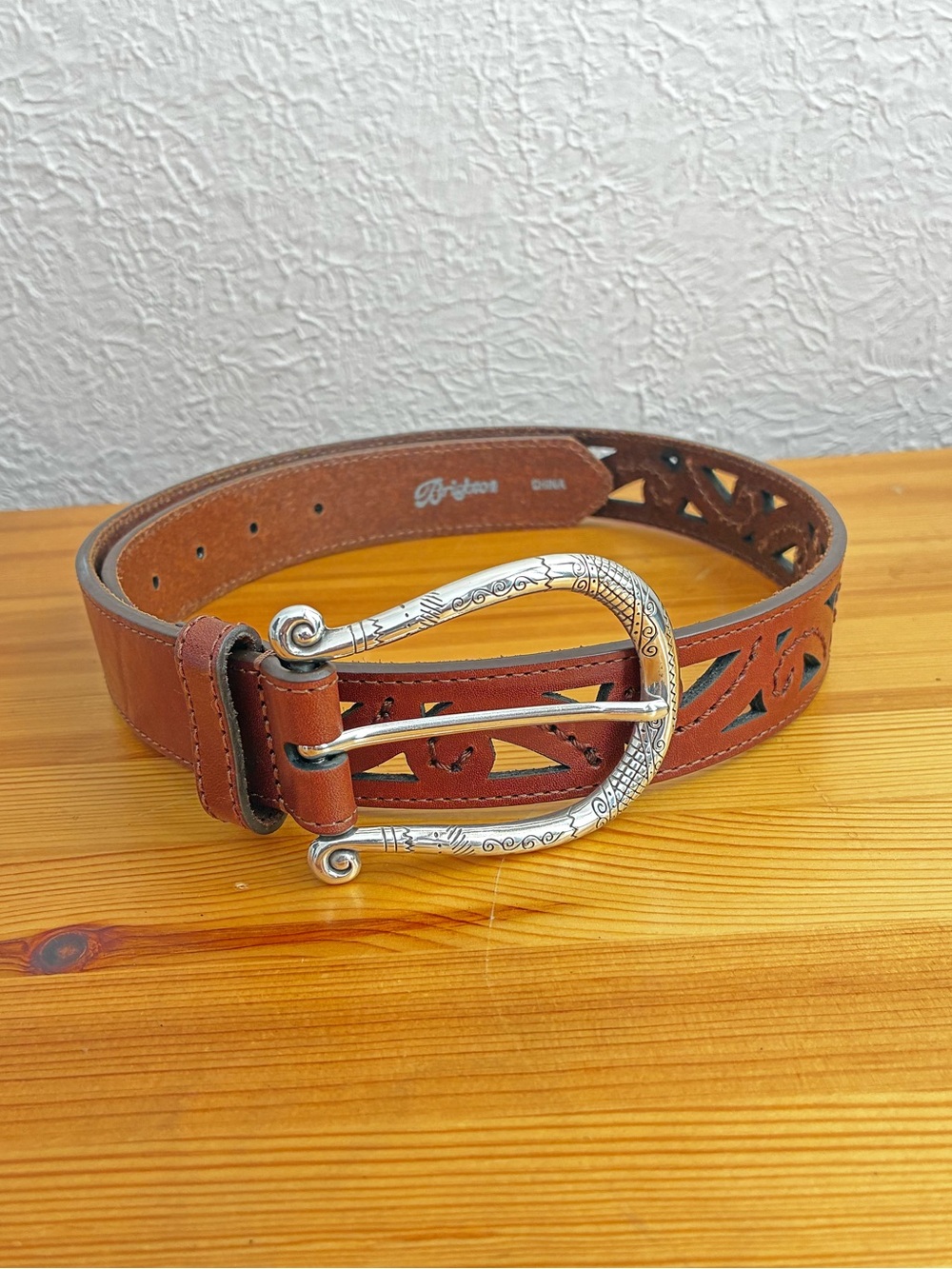 BRIGHTON Brown Leather laser cut belt and unique silver tone buckle